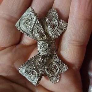 Vintage Sterling Silver Filigree  Handmade Bow Brooch